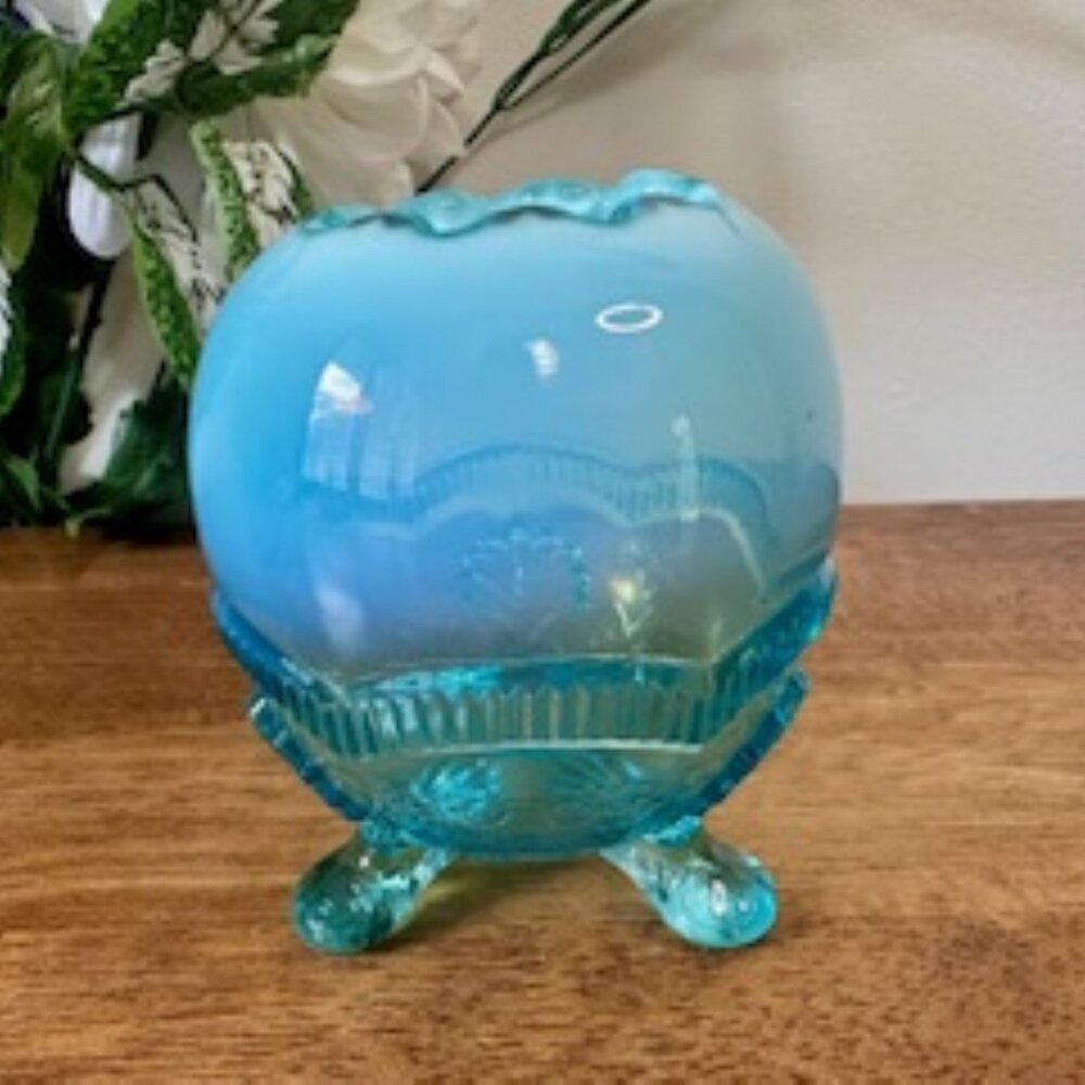 Antique Model Flint Glass Wreath and Shell Blue Opalescent Rose Bowl Footed Vase